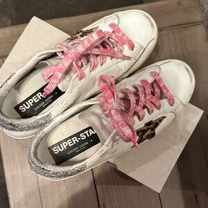 Golden Goose White Leather Sneakers with Pink Laces and Leopard Star